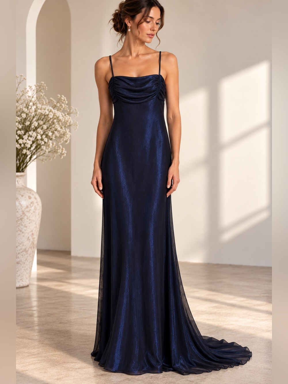 Vintage Niki by Niki Livas Y2K Navy Sheer Satin Slip Maxi Gown Train Size 14